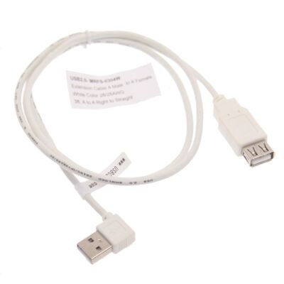 2ft. White USB 2.0 Extension Cable A male Right Angle to A Female